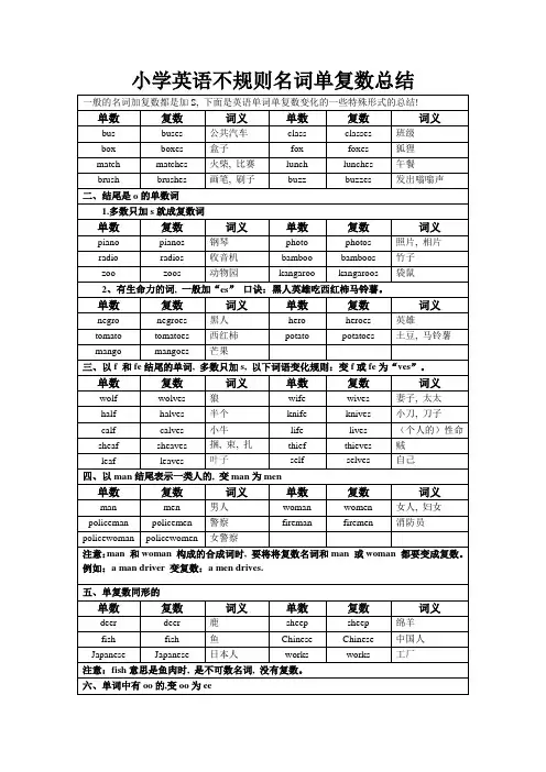 小学英语不规则名词单复数总结