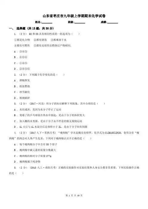 山东省枣庄市九年级上学期期末化学试卷