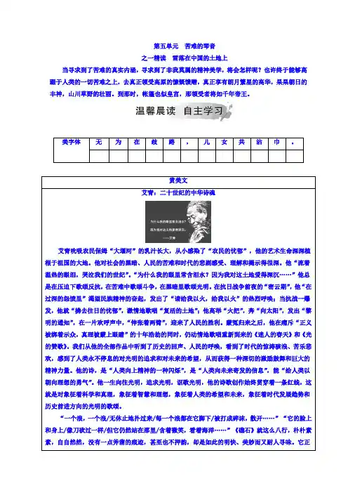 高中语文选修中国现代诗歌散文欣赏(人教版)检测：第五单元之一精读雪落在中国的土地上+Word版含答案