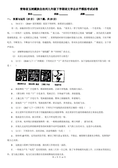青海省玉树藏族自治州九年级下学期语文学业水平模拟考试试卷