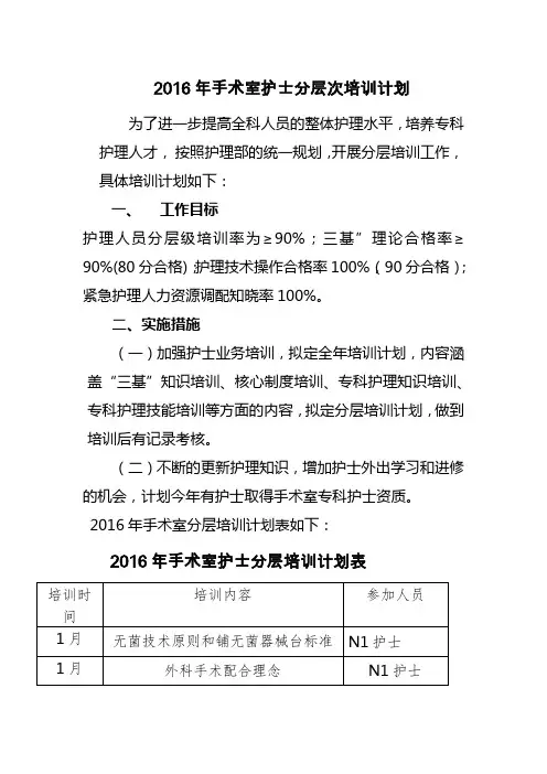 2016年手术室护士分层次培训计划