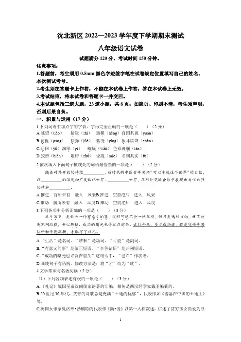 辽宁省沈阳市沈北新区2022-2023学年八年级下学期期末语文试题(含答案)