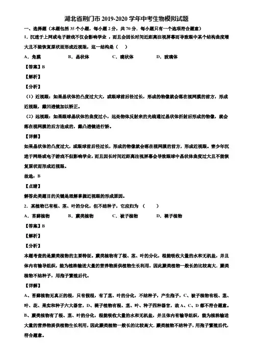 湖北省荆门市2019-2020学年中考生物模拟试题含解析