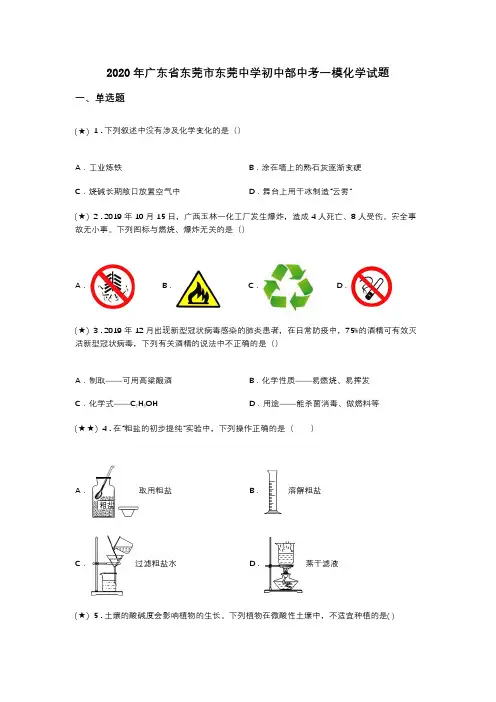 2020年广东省东莞市东莞中学初中部中考一模化学试题(word无答案)