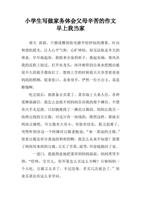 小学生写做家务体会父母辛苦的作文 早上我当家
