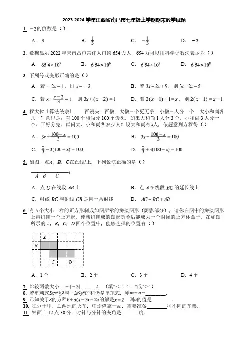 2023-2024学年江西省南昌市七年级上学期期末数学试题