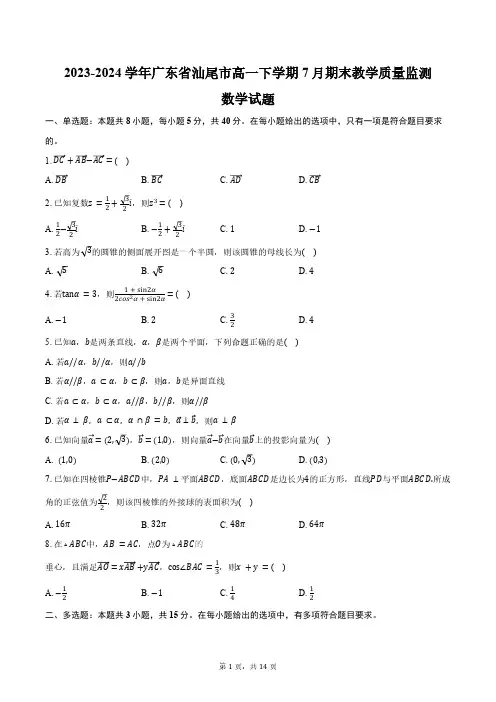 2023-2024学年广东省汕尾市高一下学期7月期末教学质量监测数学试题(含答案)