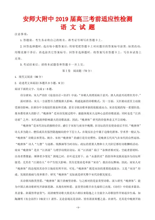 2019届安徽师范大学附属中学高三5月考前适应性检测语文试题(word版)
