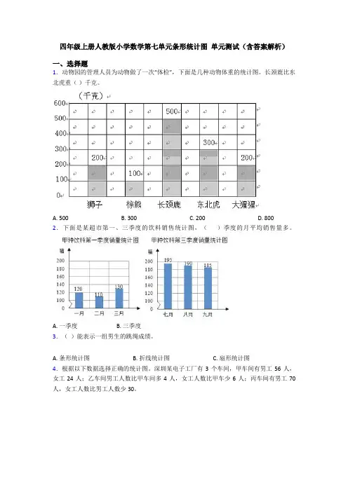 四年级上册人教版小学数学第七单元条形统计图 单元测试(含答案解析)