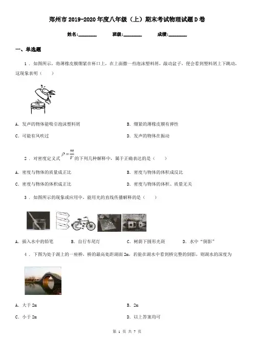 郑州市2019-2020年度八年级(上)期末考试物理试题D卷