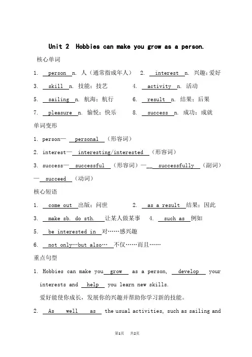 外研版八年级下册英语 Module 6 Unit 2 背记手册及答案