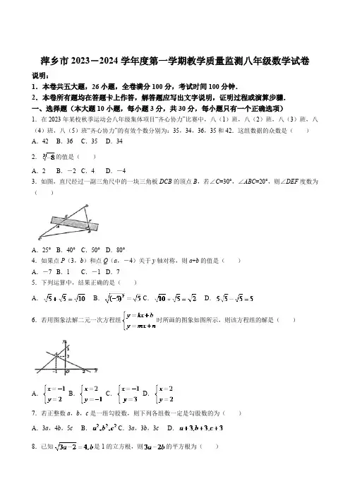 江西省萍乡市2023-2024学年八年级上学期期末质量监测数学试卷(含答案)