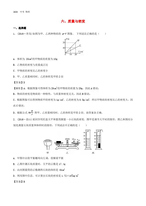 2020中考物理  专题1.6质量与密度(含解析)