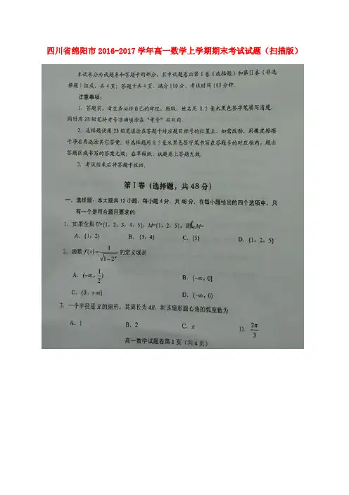 四川省绵阳市高一数学上学期期末考试试题