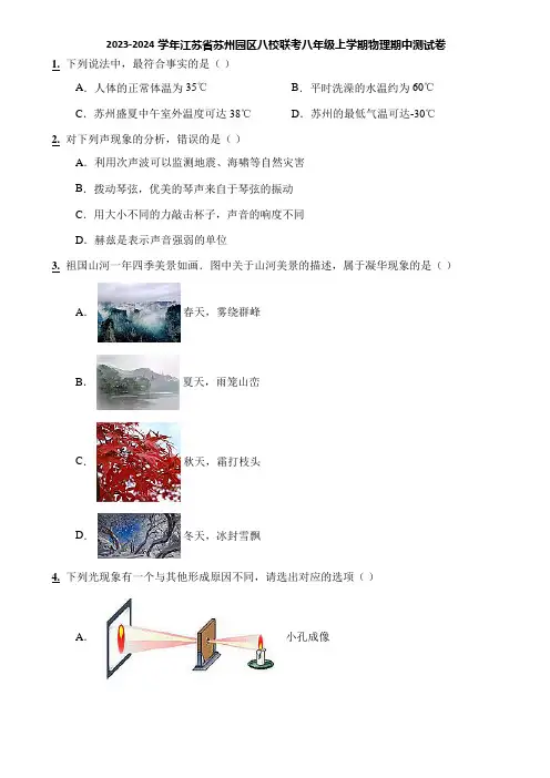 2023-2024学年江苏省苏州园区八校联考八年级上学期物理期中测试卷
