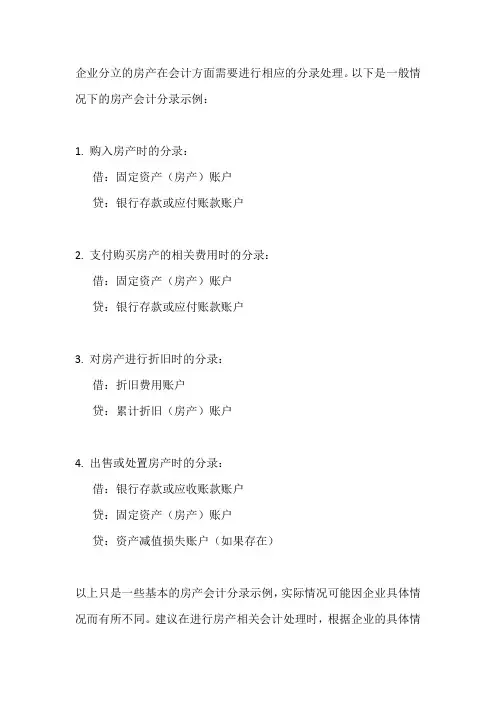 企业分立的房产会计分录
