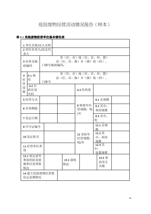 危险废物经营活动情况报告(样本)