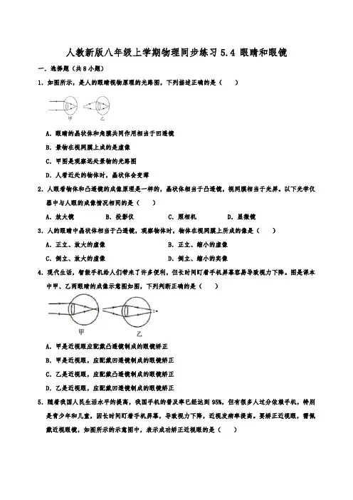 人教新版八年级上学期物理同步练习  5.4 眼睛和眼镜  含详细答案