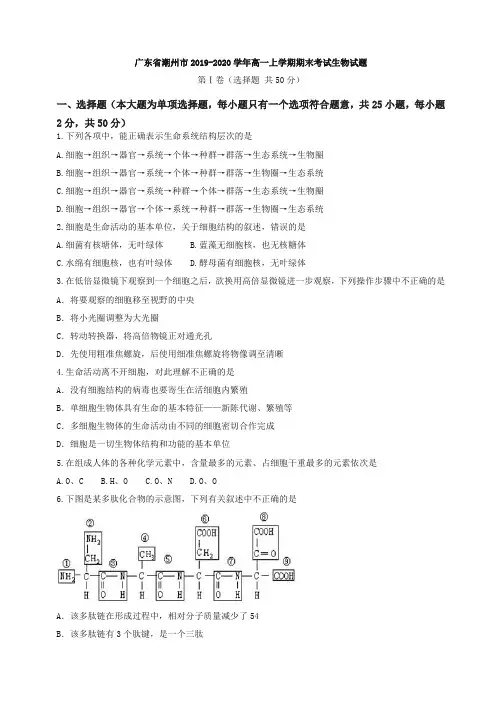 广东省潮州市高一上学期期末考试生物试题有答案【精编】.doc