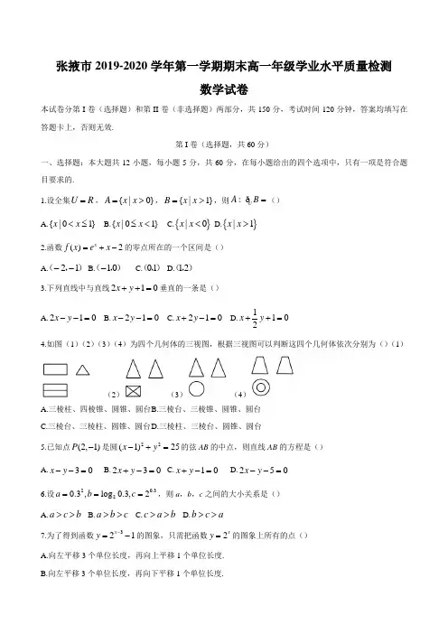 甘肃省张掖市2019-2020学年高一上学期期末学业水平质量检测数学试题