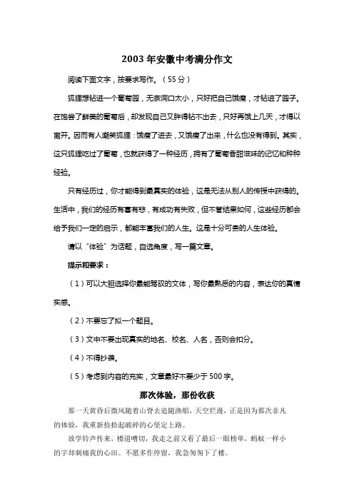 2003年安徽中考满分作文《那次体验,那份收获》2