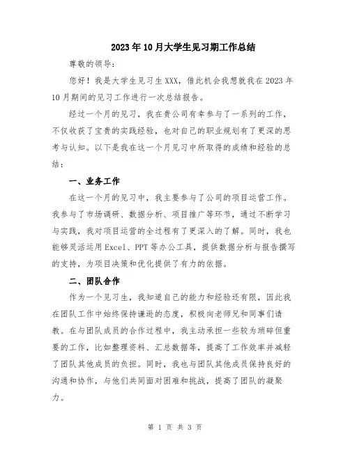 2023年10月大学生见习期工作总结