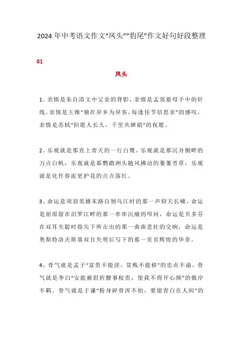 2024年中考语文作文“凤头”“豹尾”作文好句好段整理
