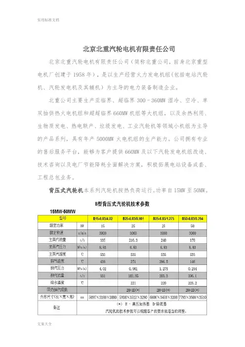 背压式汽轮电机制造商及技术全参数