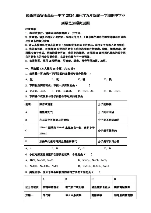 陕西省西安市高新一中学2024届化学九年级第一学期期中学业质量监测模拟试题含答案解析