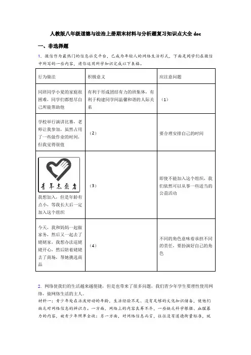 人教版八年级道德与法治上册期末材料与分析题复习知识点大全doc