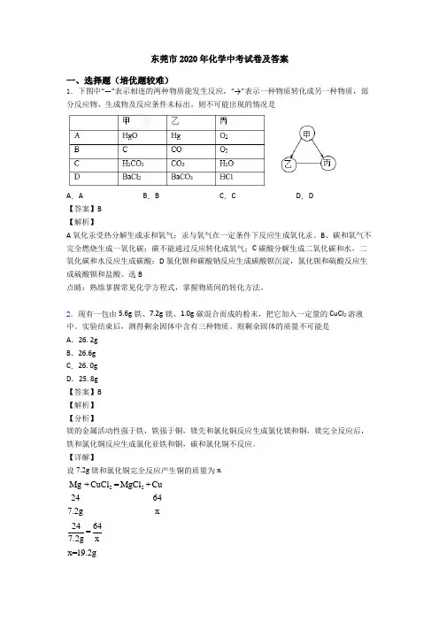 东莞市2020年化学中考试卷及答案
