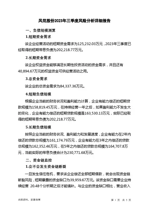 601700风范股份2023年三季度财务风险分析详细报告