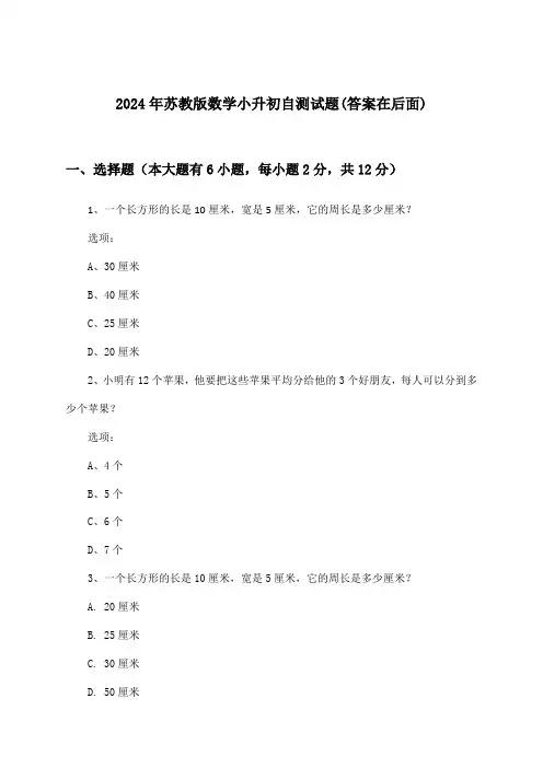 苏教版数学小升初试题及答案指导(2024年)