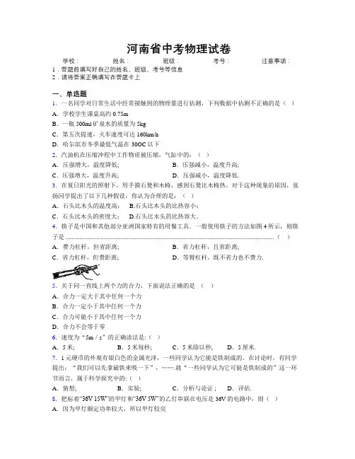 河南省中考物理试卷附解析