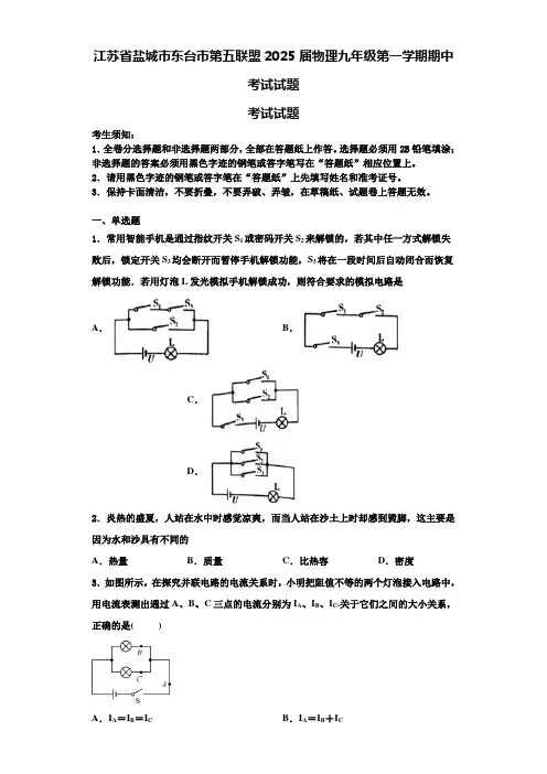 江苏省盐城市东台市第五联盟2025届物理九年级第一学期期中考试试题含解析