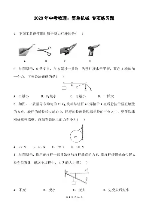 2020年中考物理：简单机械 专项练习题(含答案)