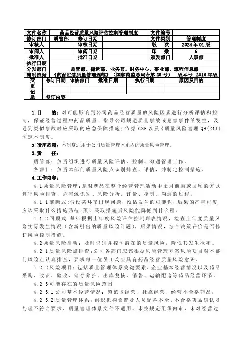 药品经营质量风险评估控制管理制度