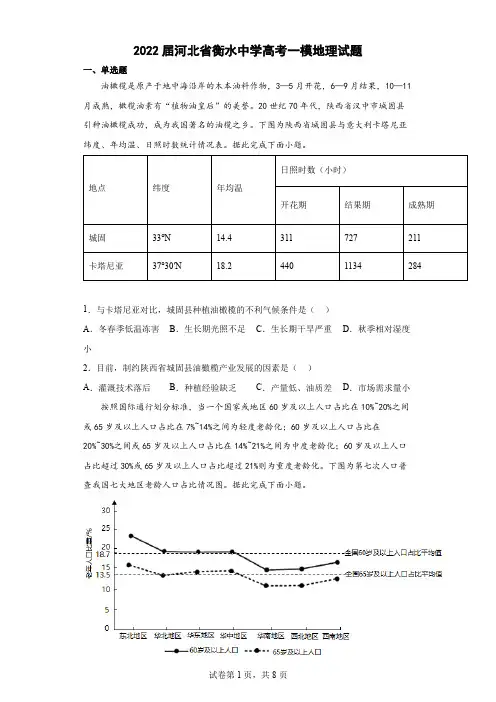 2022届河北省衡水中学高考一模地理试题