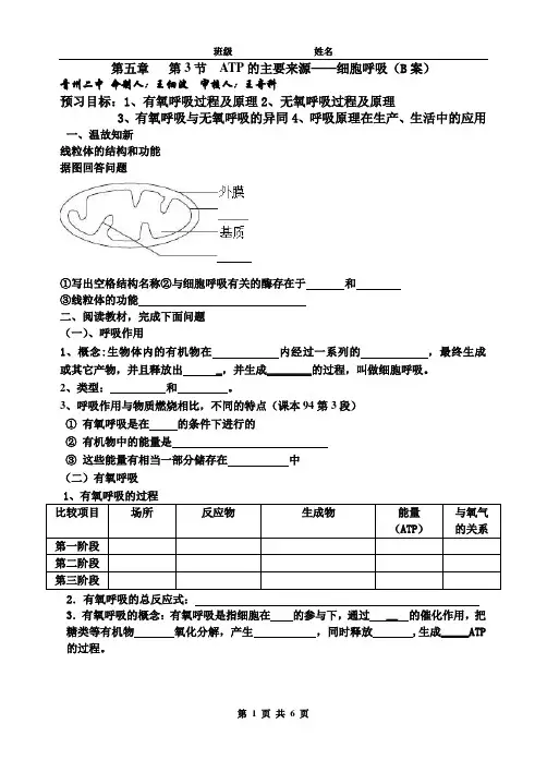 第五章   第3节  ATP的主要来源--细胞呼吸学案