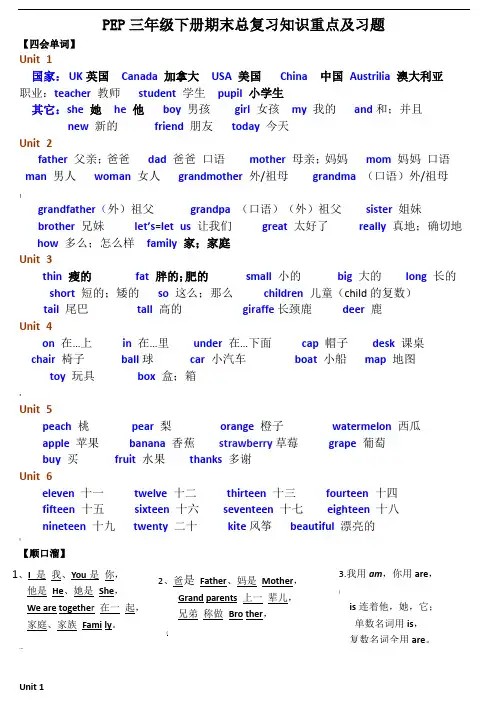 新版人教版pep小学英语三年级下册期末总复习知识点归纳-2