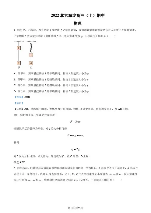 北京市海淀区2022-2023学年高三上学期期中反馈物理试题(解析版)
