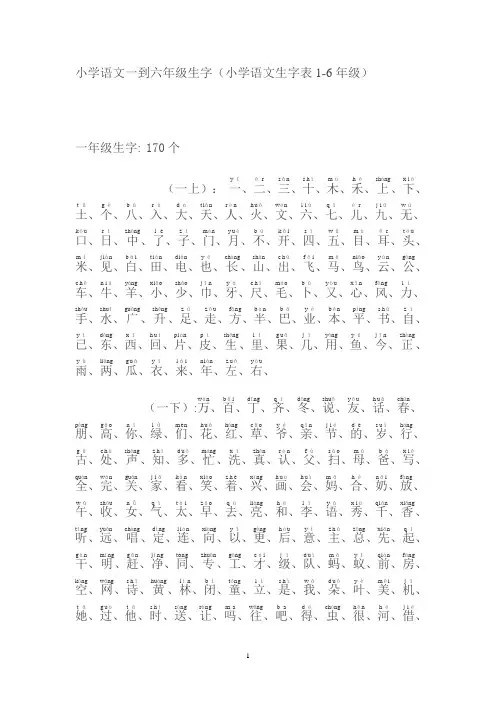 人教版语文一到六年级生字表