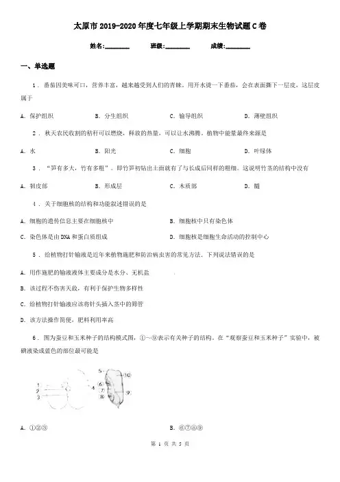 太原市2019-2020年度七年级上学期期末生物试题C卷