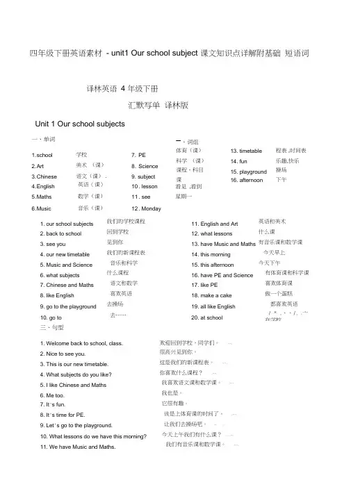 四年级下册英语素材-unit1Ourschoolsubject课文知识点详解附基础短语词汇默写单译林版
