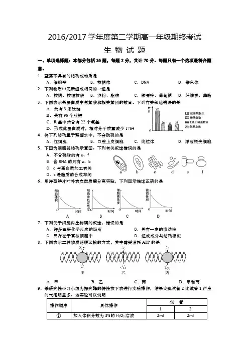 江苏省盐城市2016-2017学年高一下学期期末考试生物-含答案