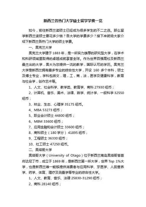 新西兰各热门大学硕士留学学费一览