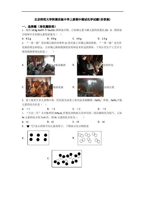 北京师范大学附属实验中学上册期中测试化学试题(含答案)