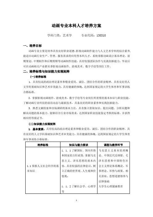 徐州工程学院动画专业人才培养方案2015版