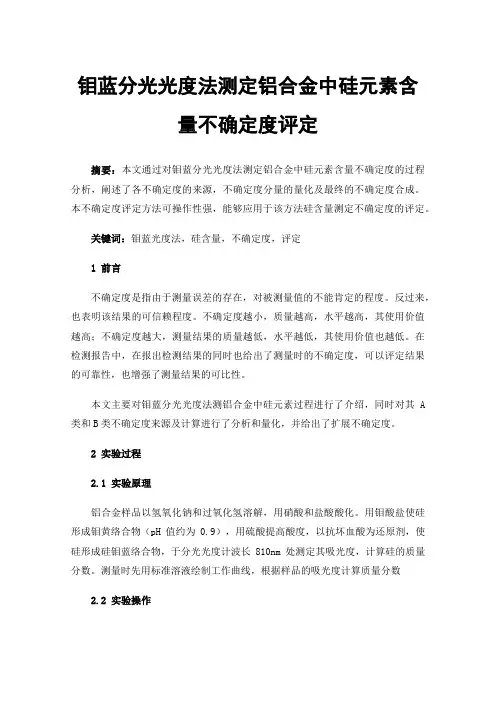 钼蓝分光光度法测定铝合金中硅元素含量不确定度评定