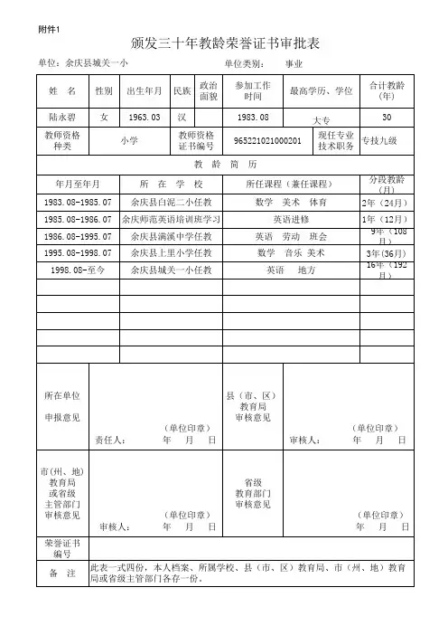 附1-30年荣誉证书审批表